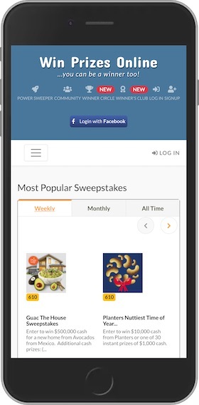 WinPrizesOnline.com Mobile Site